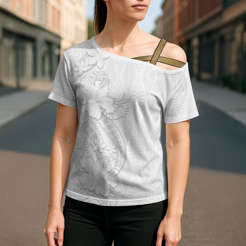 Tokelau White Sunday Cross Shoulder Shirt Elegant Hibiscus Polynesian Tribal Pattern LT05 - Polynesian Pride