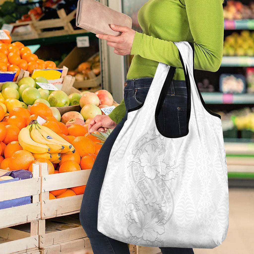 Tokelau White Sunday Grocery Bag Elegant Hibiscus Polynesian Tribal Pattern LT05 - Polynesian Pride