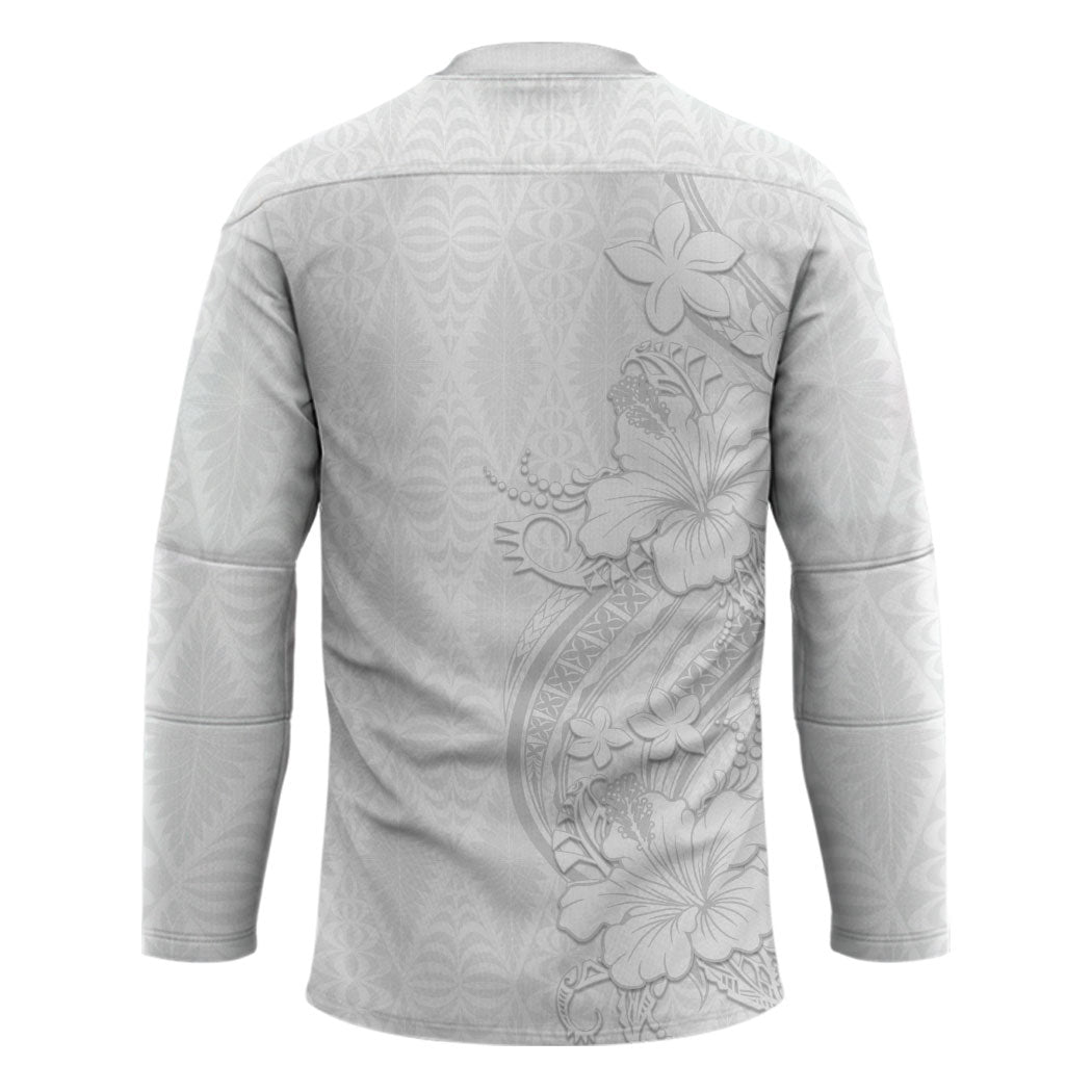 Tokelau White Sunday Hockey Jersey Elegant Hibiscus Polynesian Tribal Pattern LT05 - Polynesian Pride