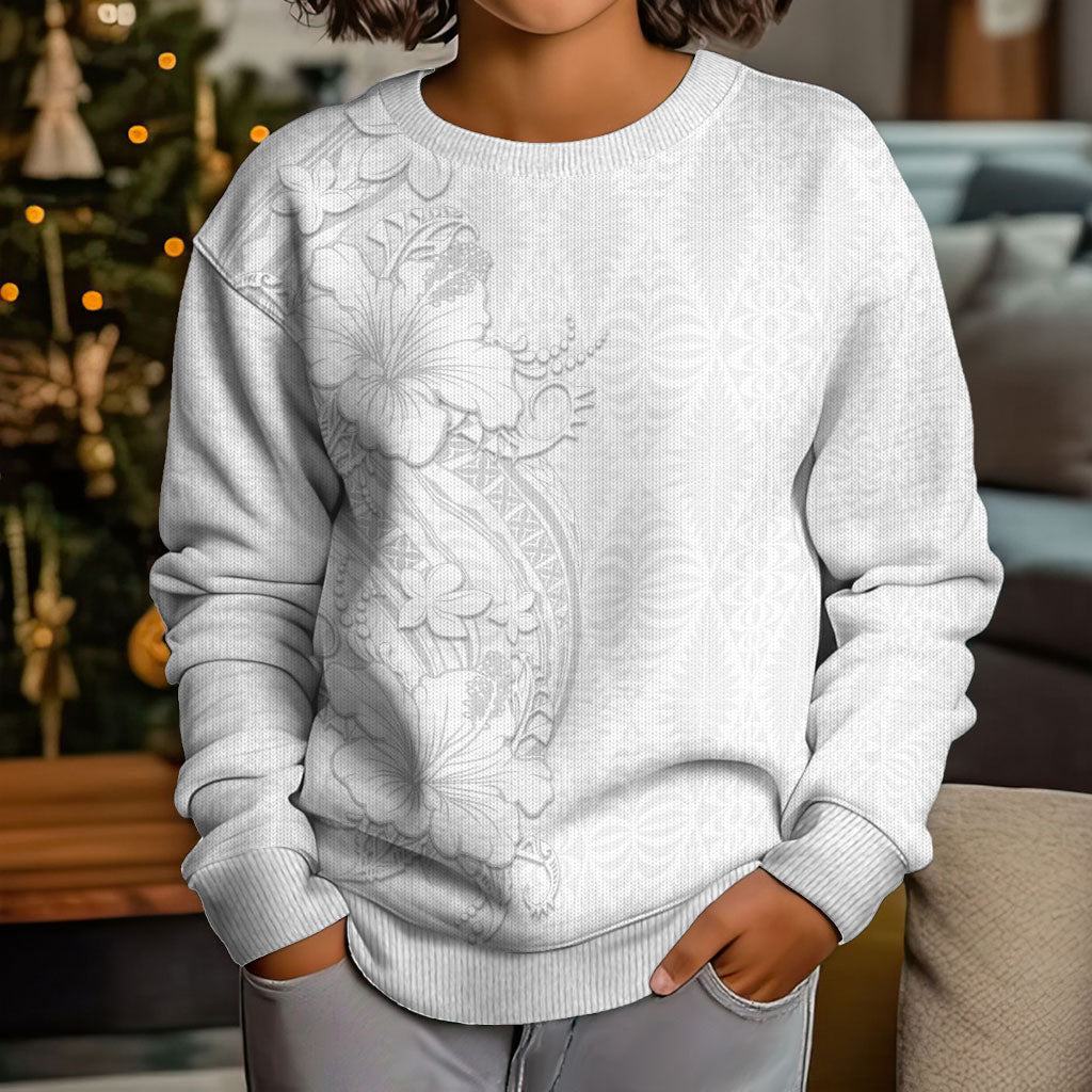 Tokelau White Sunday Kid Ugly Christmas Sweater Elegant Hibiscus Polynesian Tribal Pattern LT05 - Polynesian Pride