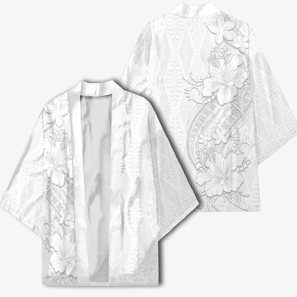 Tokelau White Sunday Kimono Elegant Hibiscus Polynesian Tribal Pattern LT05 - Polynesian Pride