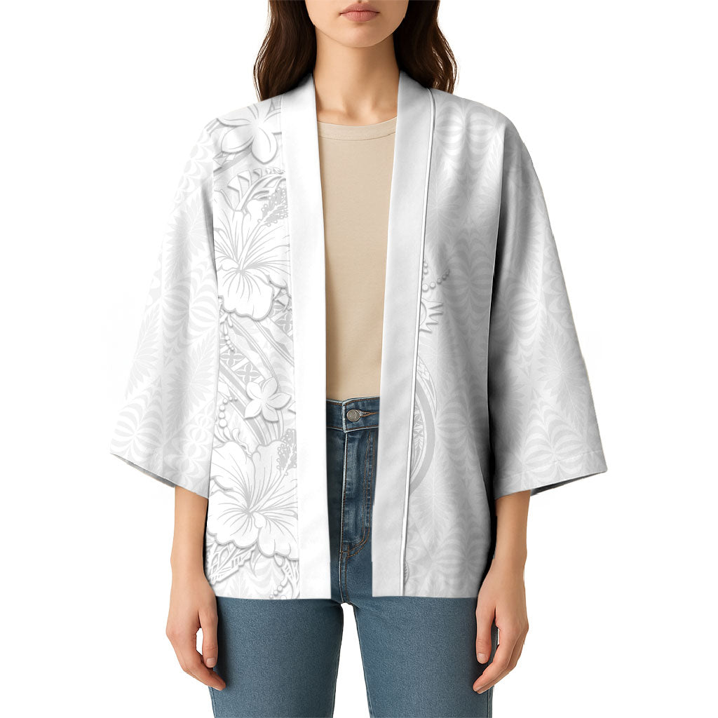 Tokelau White Sunday Kimono Elegant Hibiscus Polynesian Tribal Pattern LT05 - Polynesian Pride