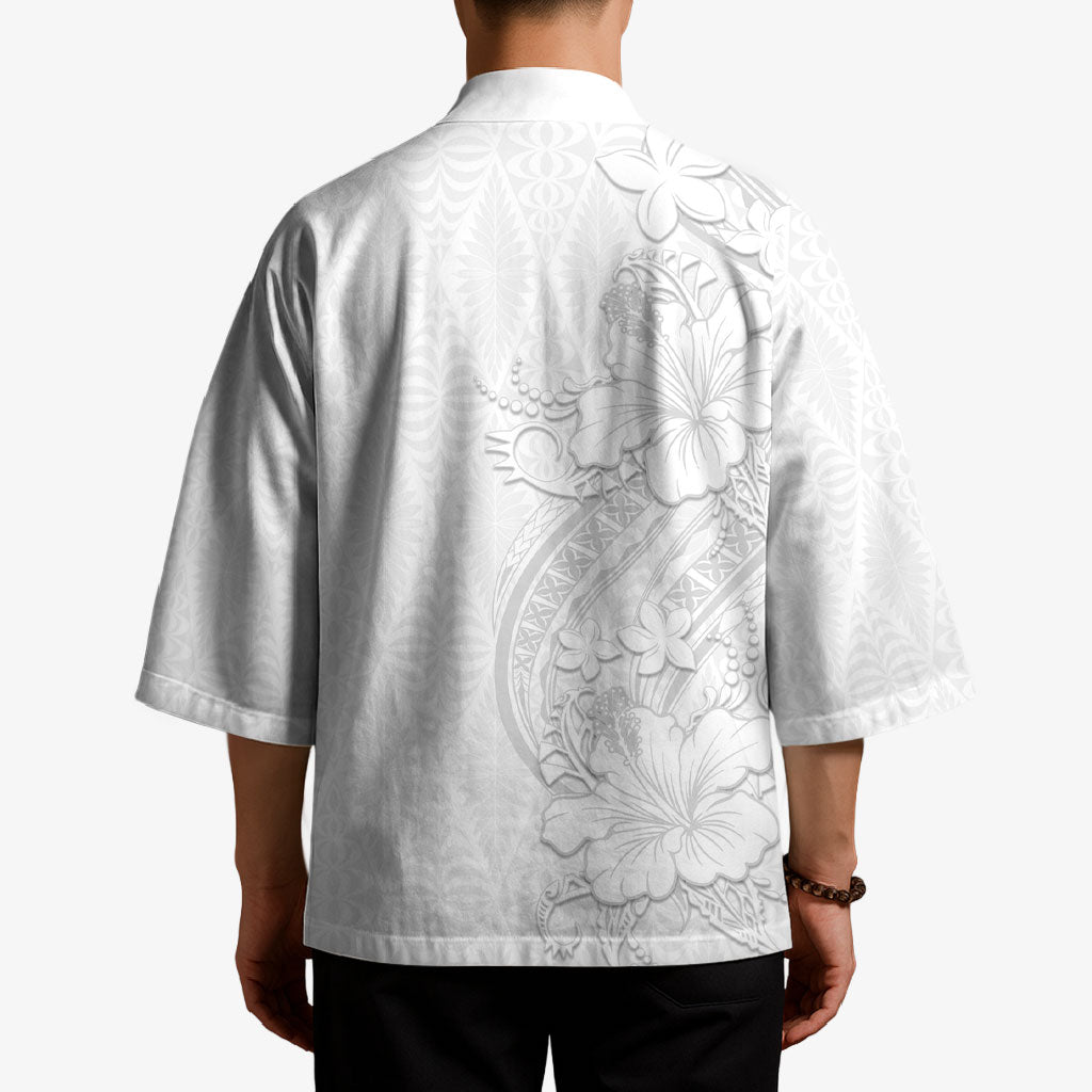 Tokelau White Sunday Kimono Elegant Hibiscus Polynesian Tribal Pattern LT05 - Polynesian Pride