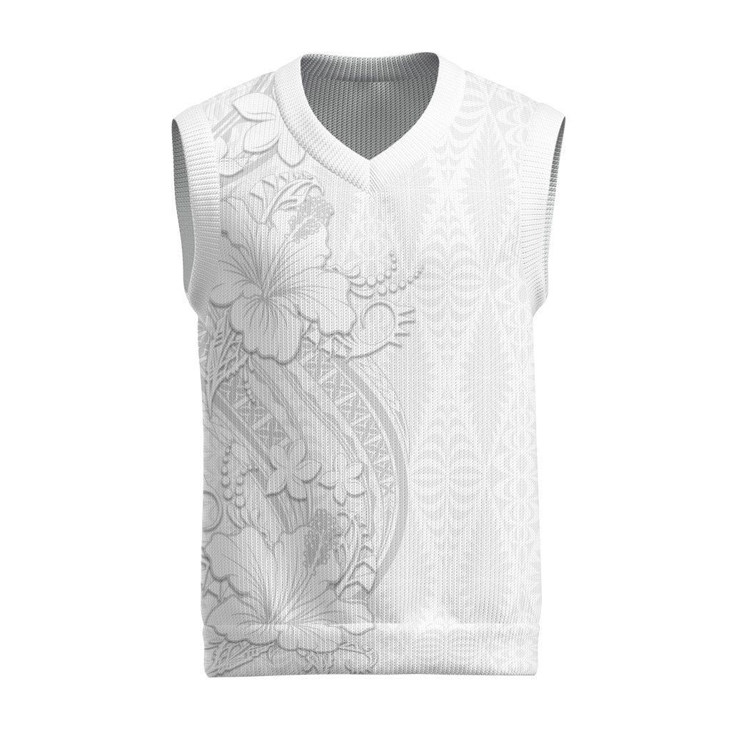 Tokelau White Sunday Christmas Knitted V-Neck Vest Elegant Hibiscus Polynesian Tribal Pattern