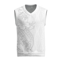 Tokelau White Sunday Christmas Knitted V-Neck Vest Elegant Hibiscus Polynesian Tribal Pattern