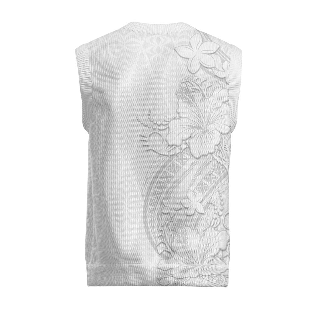 Tokelau White Sunday Christmas Knitted V-Neck Vest Elegant Hibiscus Polynesian Tribal Pattern