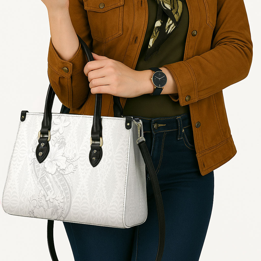 Tokelau White Sunday Leather Bag Elegant Hibiscus Polynesian Tribal Pattern LT05 - Polynesian Pride