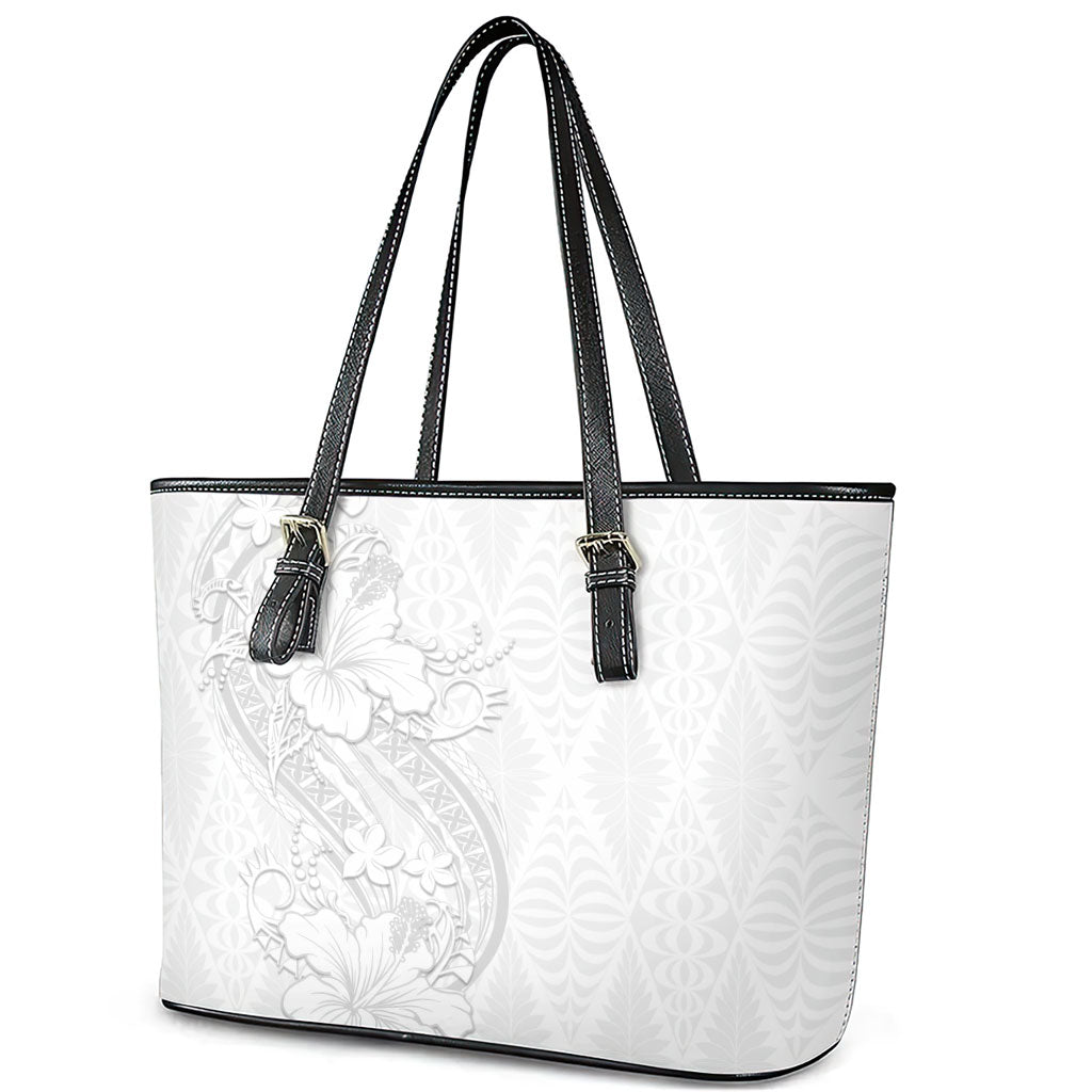 Tokelau White Sunday Leather Tote Bag Elegant Hibiscus Polynesian Tribal Pattern LT05 - Polynesian Pride