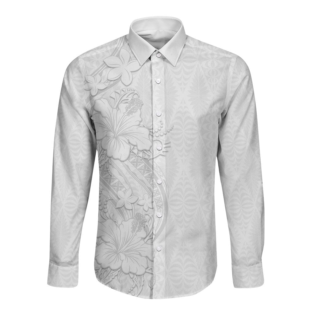 Tokelau White Sunday Long Sleeve Button Shirt Elegant Hibiscus Polynesian Tribal Pattern LT05 Unisex White - Polynesian Pride