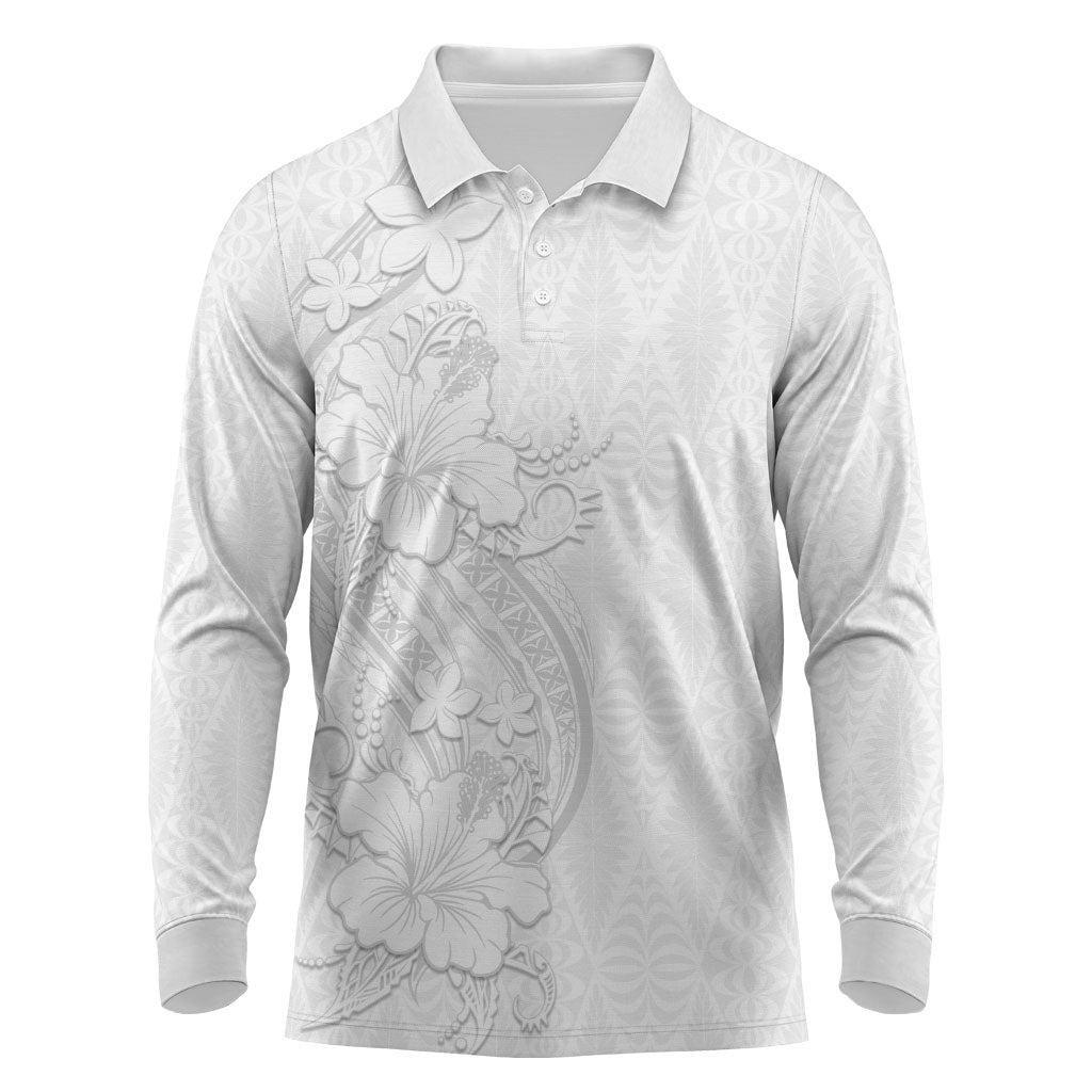 Tokelau White Sunday Long Sleeve Polo Shirt Elegant Hibiscus Polynesian Tribal Pattern LT05 White - Polynesian Pride
