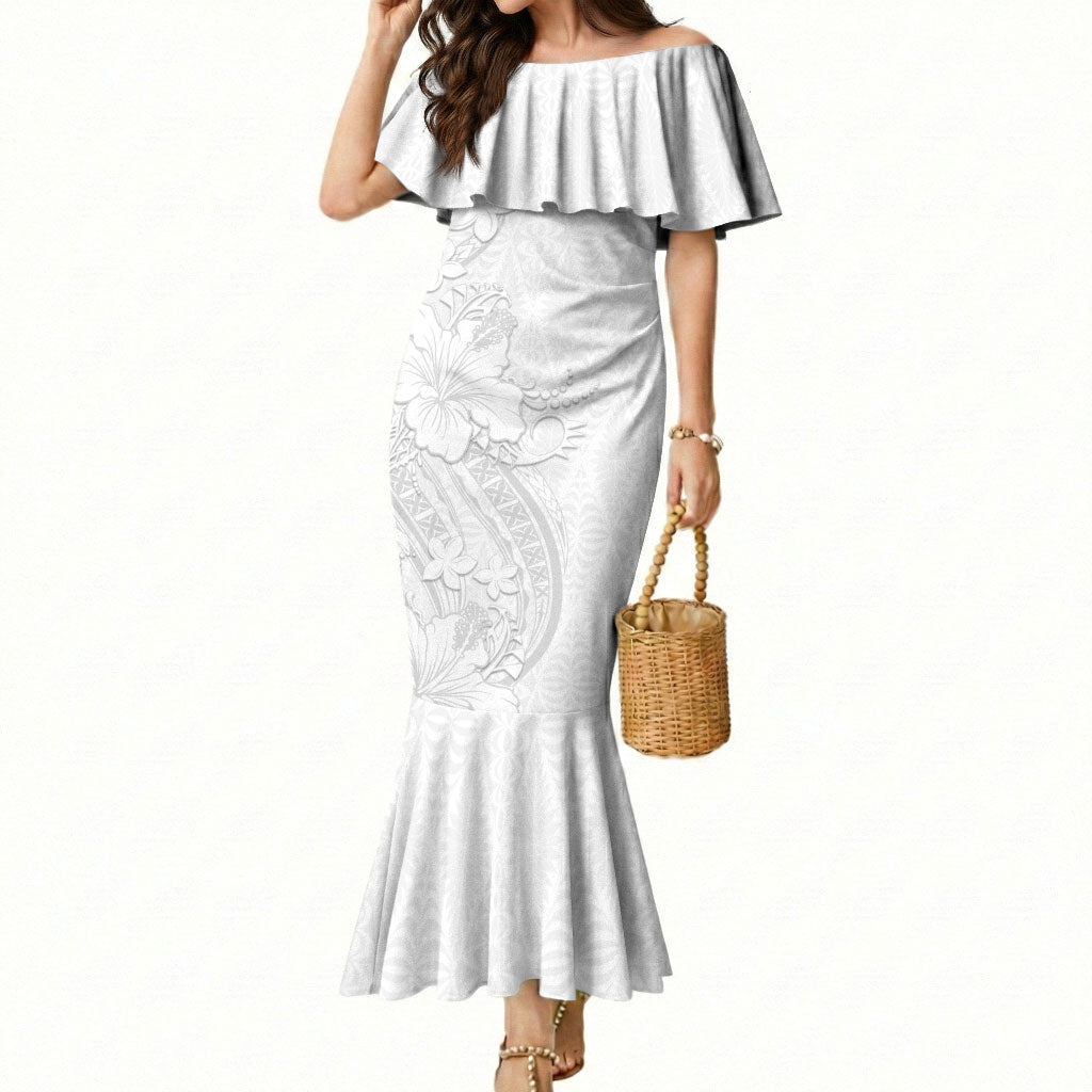 Tokelau White Sunday Mermaid Dress Elegant Hibiscus Polynesian Tribal Pattern LT05 Women White - Polynesian Pride