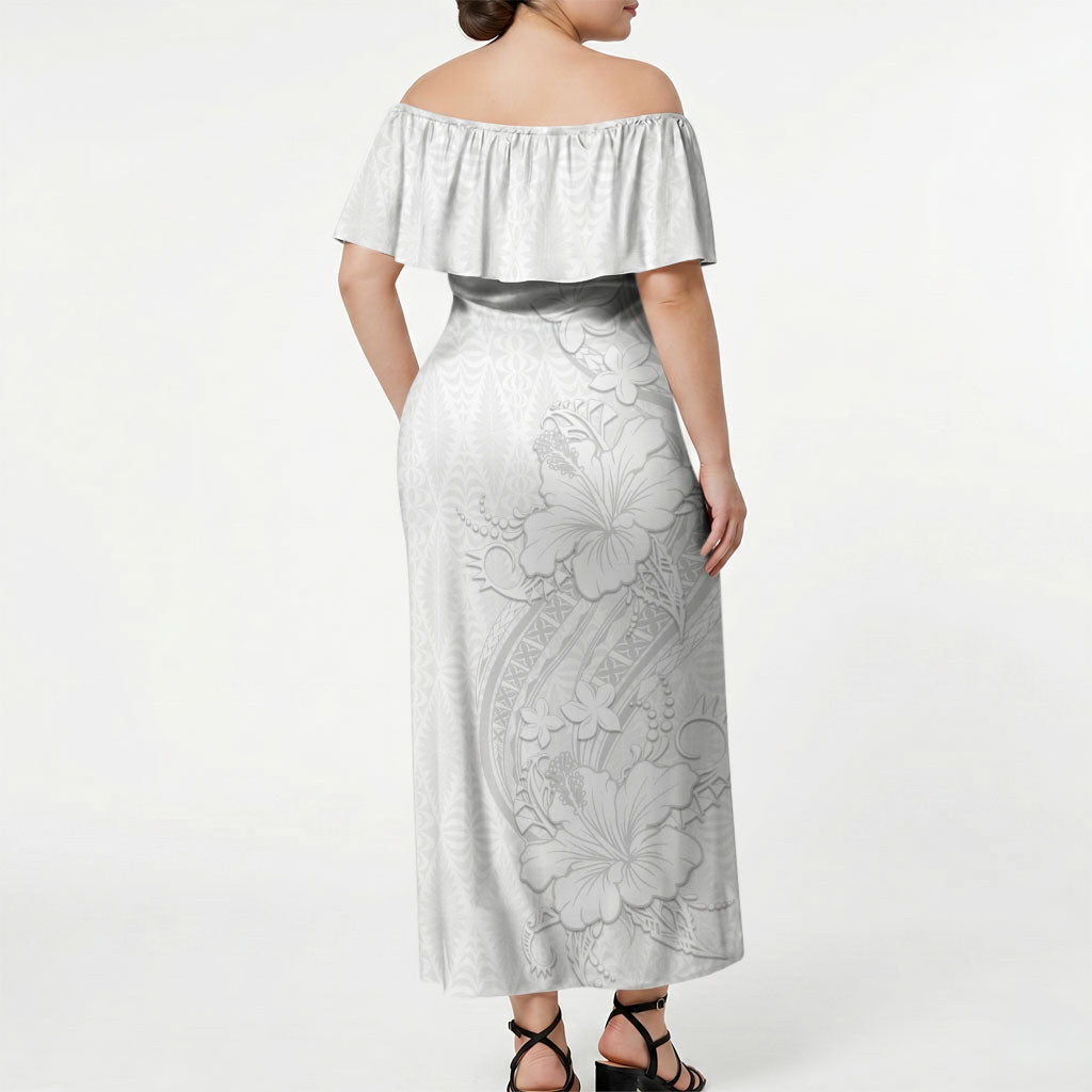 Tokelau White Sunday Off Shoulder Maxi Dress Elegant Hibiscus Polynesian Tribal Pattern LT05 - Polynesian Pride
