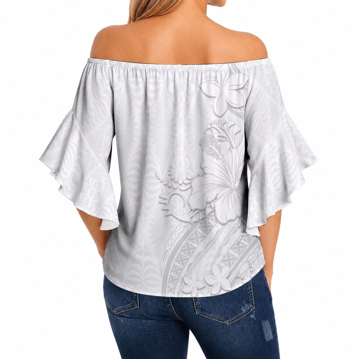 Tokelau White Sunday Off Shoulder Wrap Waist Top Elegant Hibiscus Polynesian Tribal Pattern LT05 - Polynesian Pride