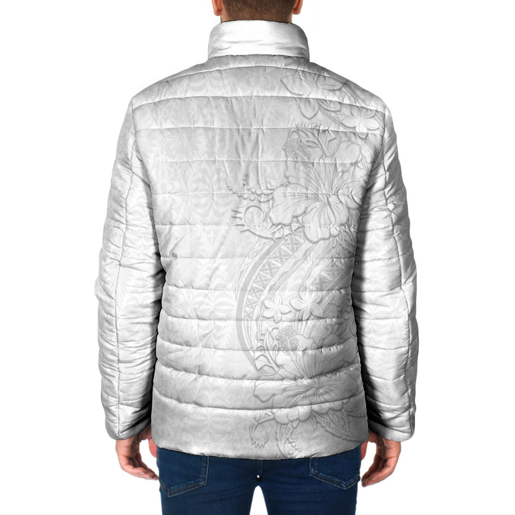 Tokelau White Sunday Padded Jacket Elegant Hibiscus Polynesian Tribal Pattern LT05 - Polynesian Pride