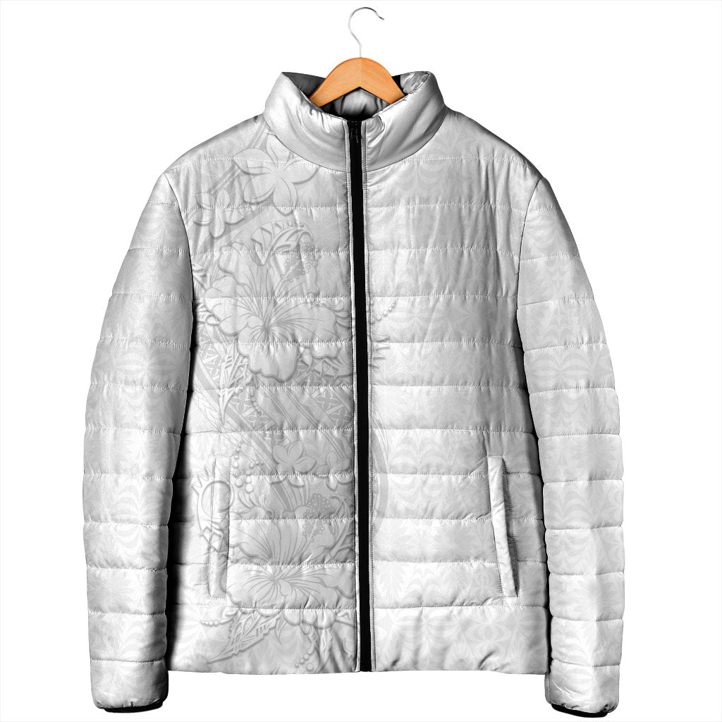 Tokelau White Sunday Padded Jacket Elegant Hibiscus Polynesian Tribal Pattern LT05 - Polynesian Pride