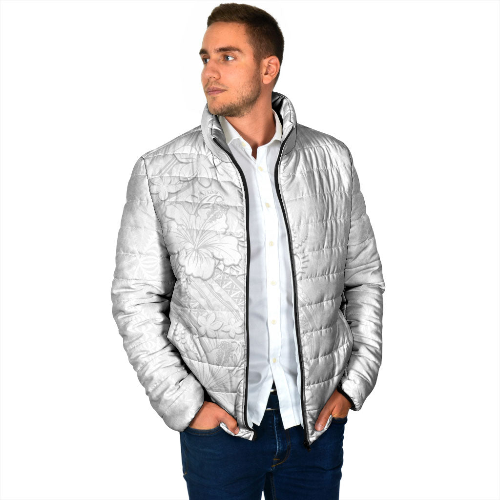 Tokelau White Sunday Padded Jacket Elegant Hibiscus Polynesian Tribal Pattern LT05 - Polynesian Pride