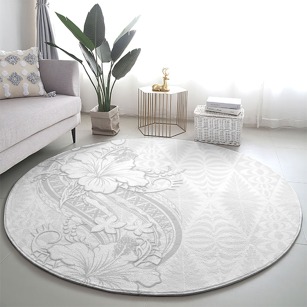 Tokelau White Sunday Round Carpet Elegant Hibiscus Polynesian Tribal Pattern LT05 - Polynesian Pride