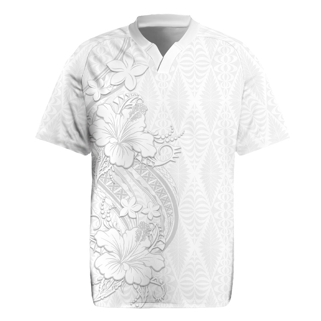 Tokelau White Sunday Rugby Jersey Elegant Hibiscus Polynesian Tribal Pattern LT05 White - Polynesian Pride