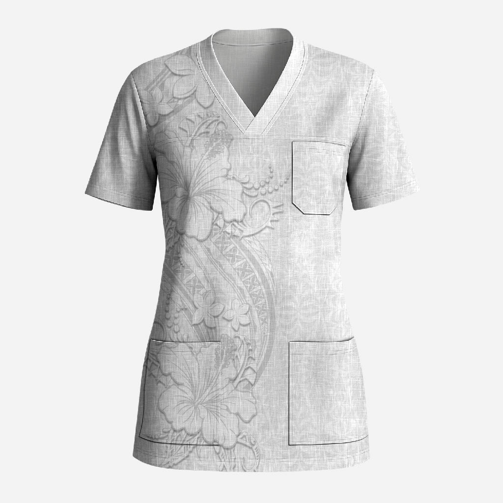 Tokelau White Sunday Scrub Top Elegant Hibiscus Polynesian Tribal Pattern LT05 Adult White - Polynesian Pride