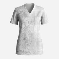 Tokelau White Sunday Scrub Top Elegant Hibiscus Polynesian Tribal Pattern LT05 Adult White - Polynesian Pride