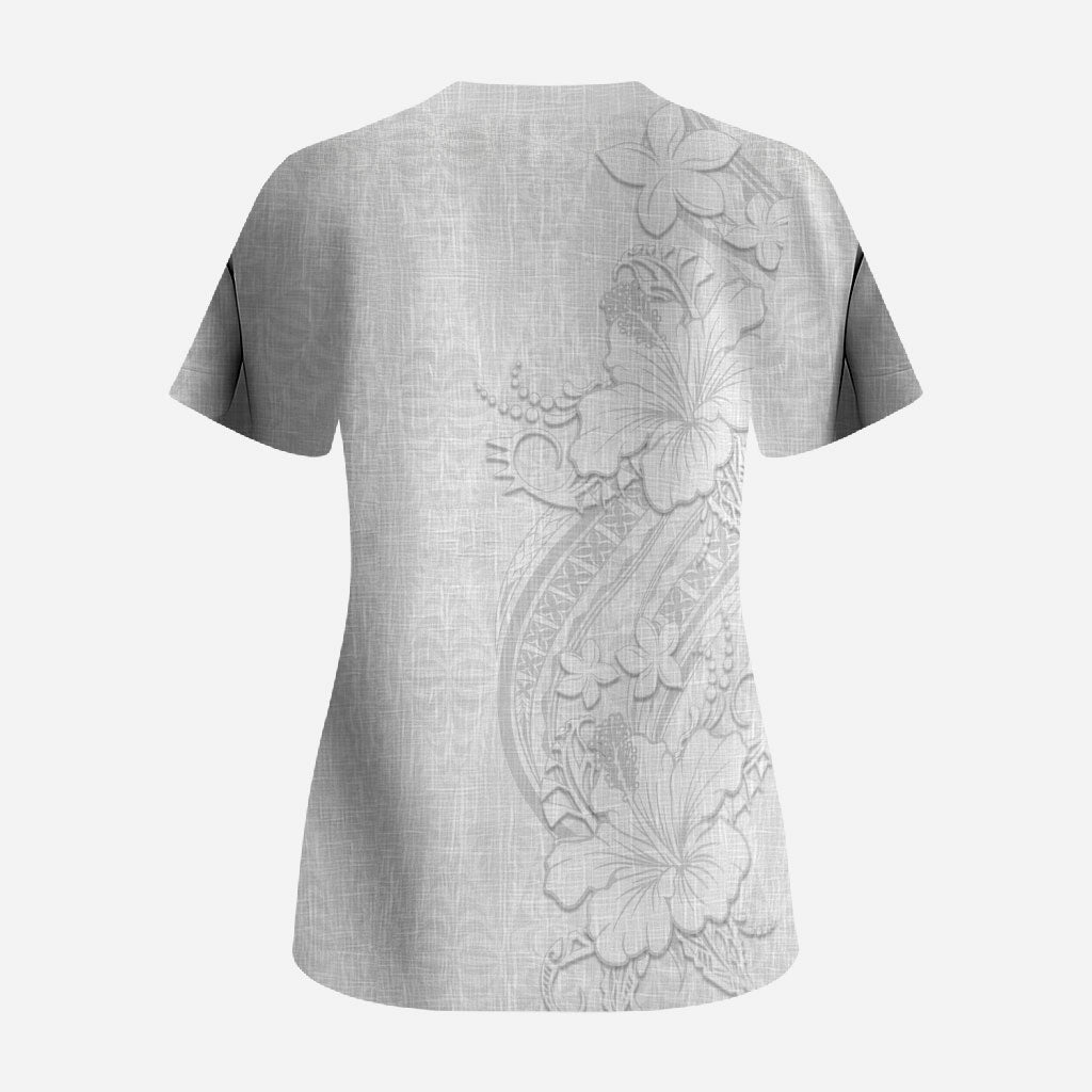 Tokelau White Sunday Scrub Top Elegant Hibiscus Polynesian Tribal Pattern LT05 - Polynesian Pride