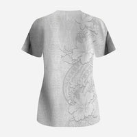 Tokelau White Sunday Scrub Top Elegant Hibiscus Polynesian Tribal Pattern LT05 - Polynesian Pride