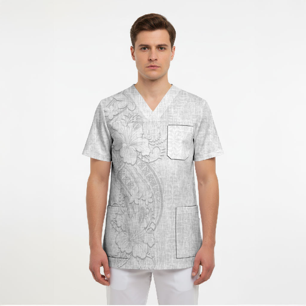 Tokelau White Sunday Scrub Top Elegant Hibiscus Polynesian Tribal Pattern LT05 - Polynesian Pride