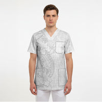 Tokelau White Sunday Scrub Top Elegant Hibiscus Polynesian Tribal Pattern LT05 - Polynesian Pride