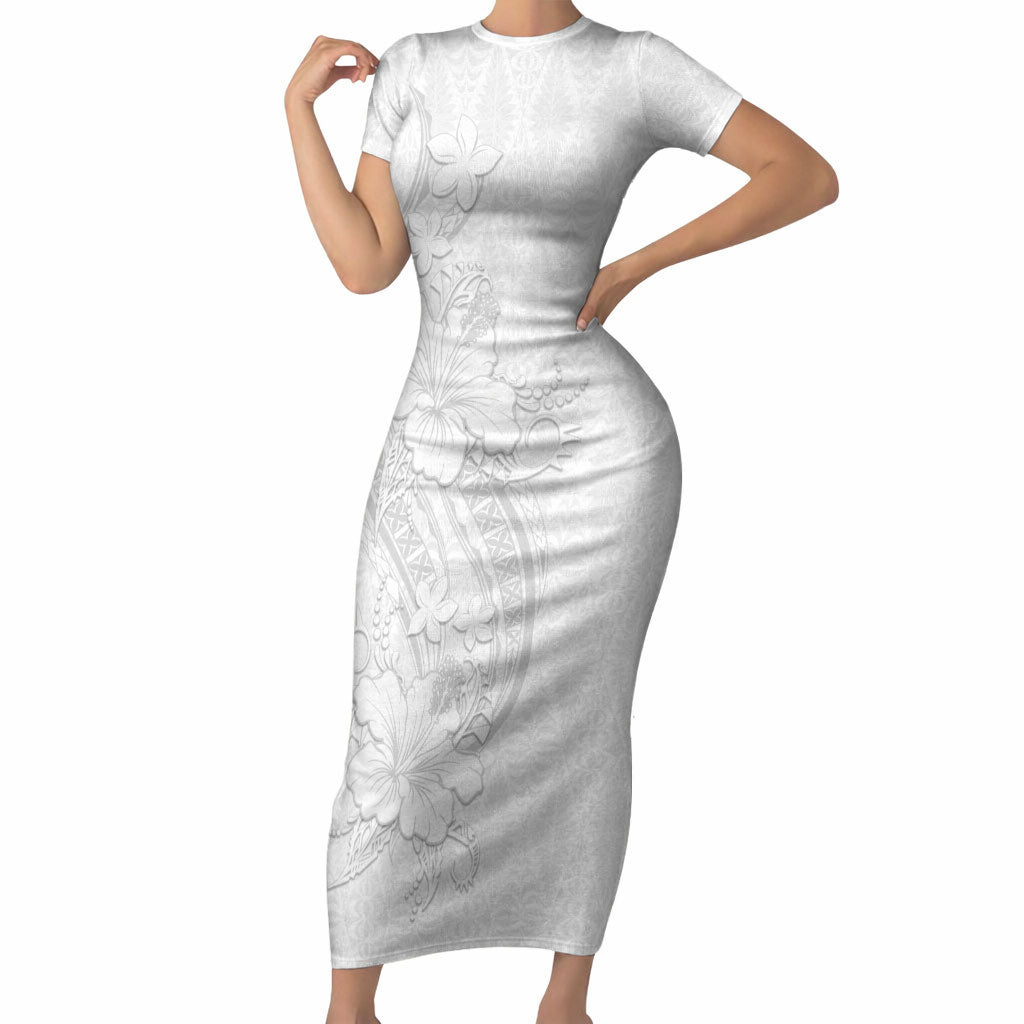 Tokelau White Sunday Short Sleeve Bodycon Dress Elegant Hibiscus Polynesian Tribal Pattern LT05 Long Dress White - Polynesian Pride
