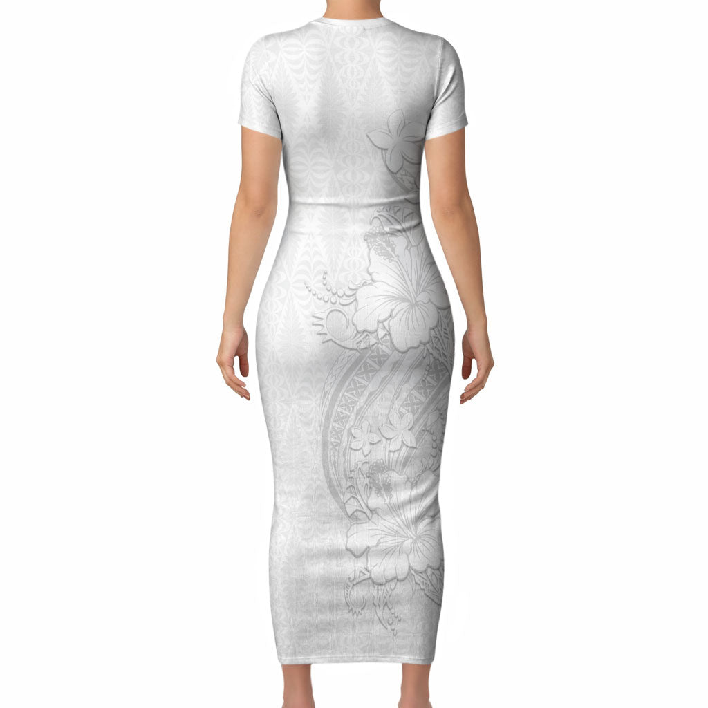 Tokelau White Sunday Short Sleeve Bodycon Dress Elegant Hibiscus Polynesian Tribal Pattern LT05 - Polynesian Pride