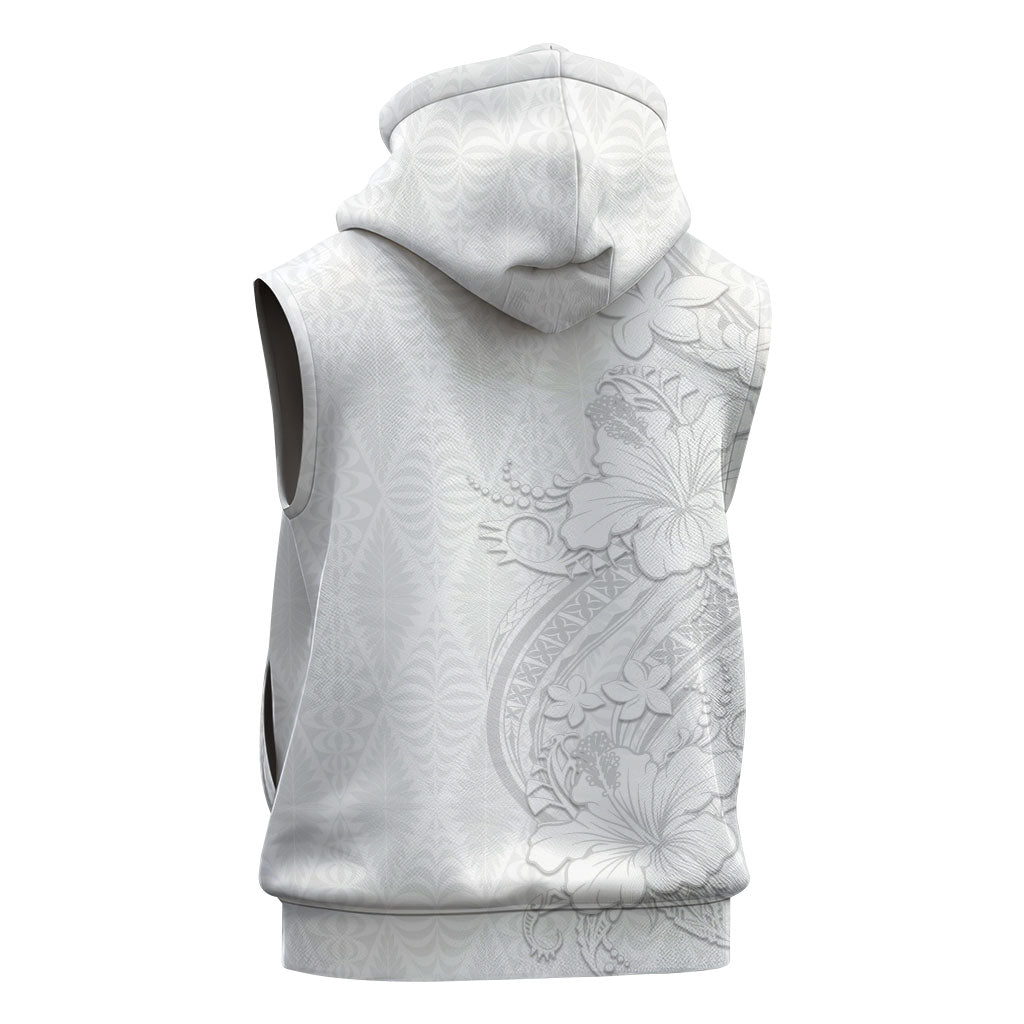 Tokelau White Sunday Sleeveless Hoodie Elegant Hibiscus Polynesian Tribal Pattern LT05 - Polynesian Pride