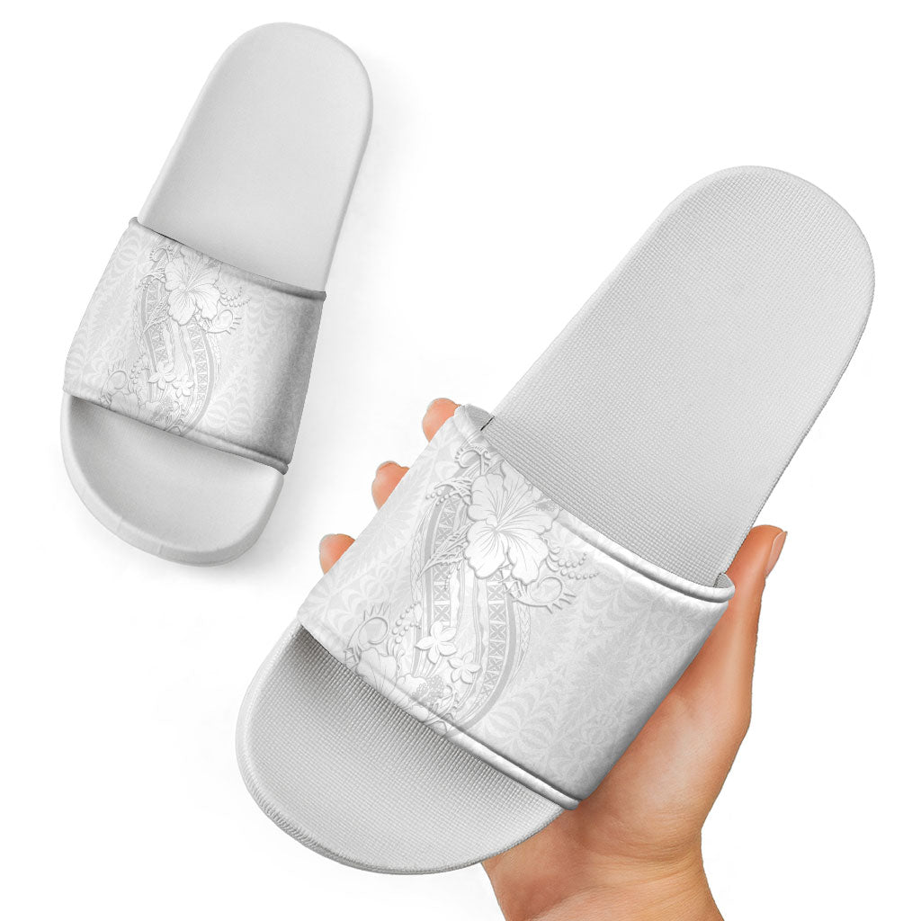 Tokelau White Sunday Slide Sandals Elegant Hibiscus Polynesian Tribal Pattern LT05 - Polynesian Pride