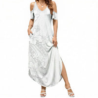 Tokelau White Sunday Summer Maxi Dress Elegant Hibiscus Polynesian Tribal Pattern LT05 Women White - Polynesian Pride