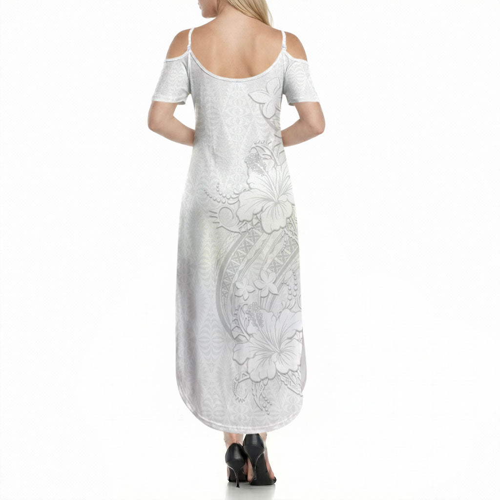 Tokelau White Sunday Summer Maxi Dress Elegant Hibiscus Polynesian Tribal Pattern LT05 - Polynesian Pride