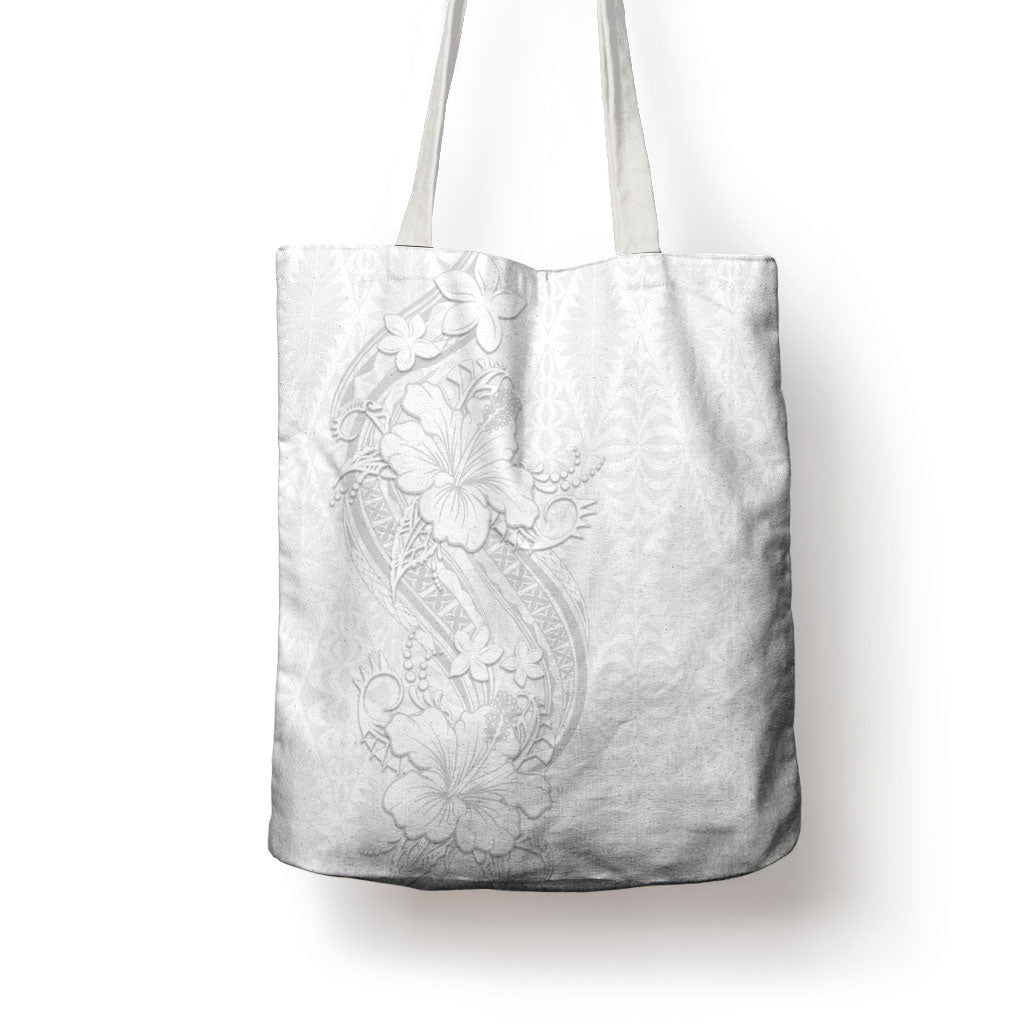 Tokelau White Sunday Tote Bag Elegant Hibiscus Polynesian Tribal Pattern LT05 - Polynesian Pride