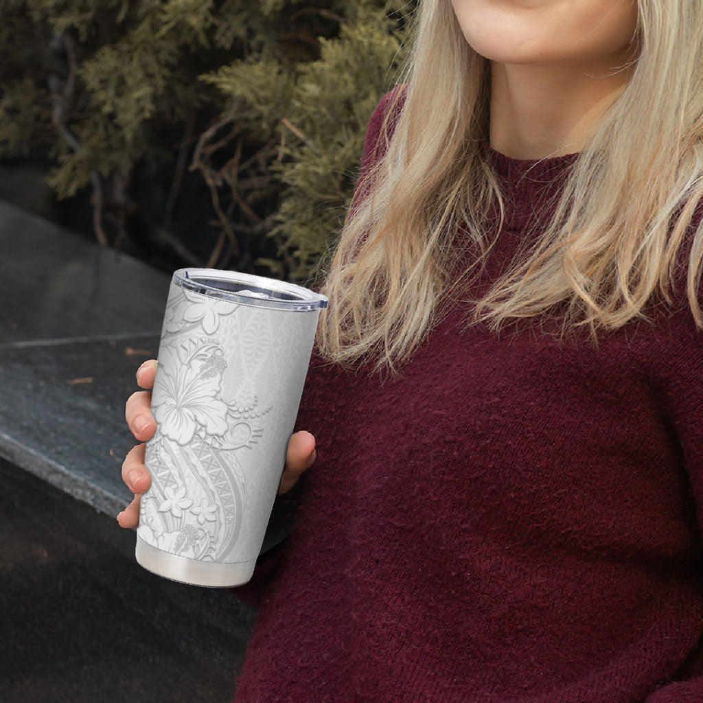 Tokelau White Sunday Tumbler Cup Elegant Hibiscus Polynesian Tribal Pattern LT05 - Polynesian Pride