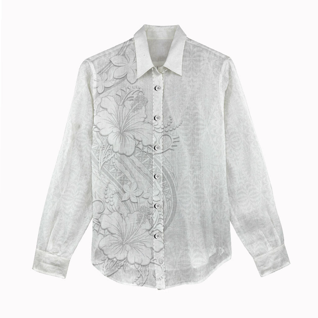 Tokelau White Sunday Women Casual Shirt Elegant Hibiscus Polynesian Tribal Pattern LT05 - Polynesian Pride