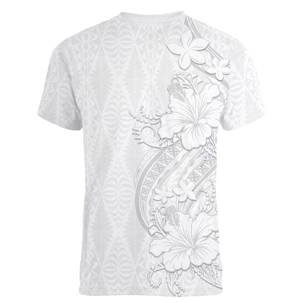 Tokelau White Sunday Women V-Neck T-Shirt Elegant Hibiscus Polynesian Tribal Pattern LT05 - Polynesian Pride