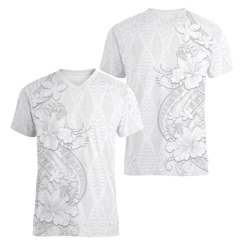 Tokelau White Sunday Women V-Neck T-Shirt Elegant Hibiscus Polynesian Tribal Pattern LT05 - Polynesian Pride