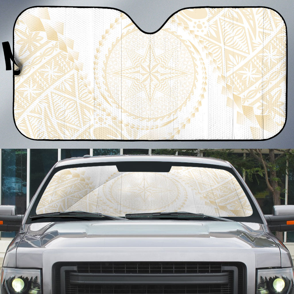 Tonga White Sunday Auto Sun Shade Lotu Tamaiti Tongan Kupesi Pattern LT05 Beige - Polynesian Pride