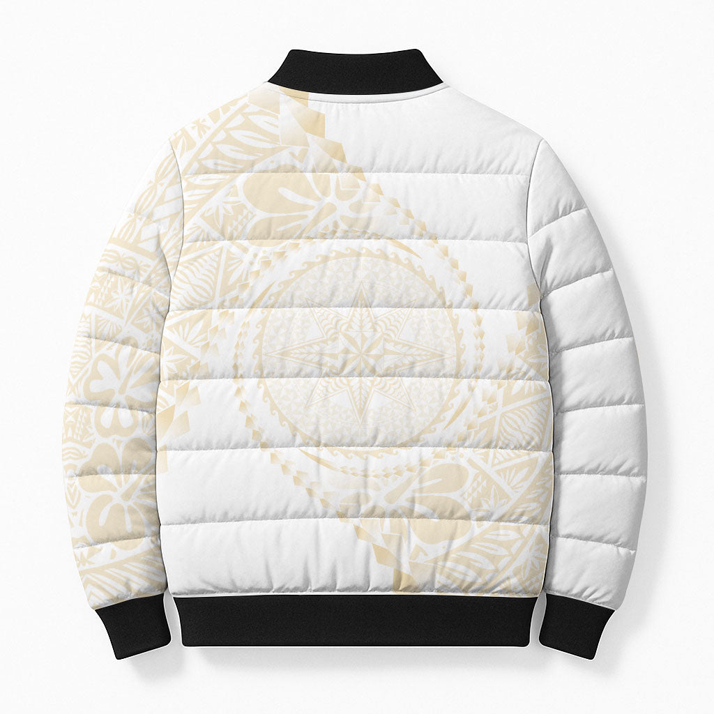 Tonga White Sunday Bomber Puffer Jacket Lotu Tamaiti Tongan Kupesi Pattern LT05 - Polynesian Pride