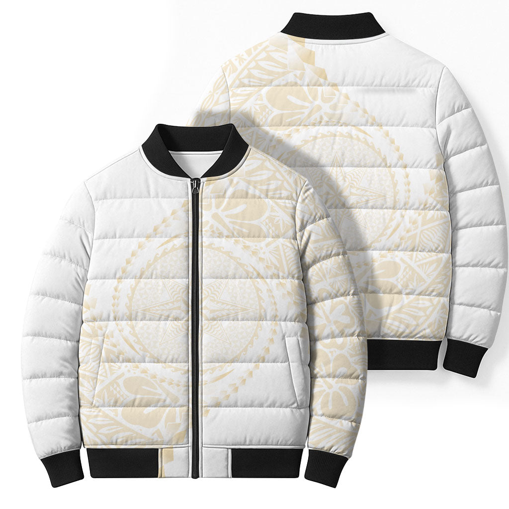 Tonga White Sunday Bomber Puffer Jacket Lotu Tamaiti Tongan Kupesi Pattern LT05 - Polynesian Pride