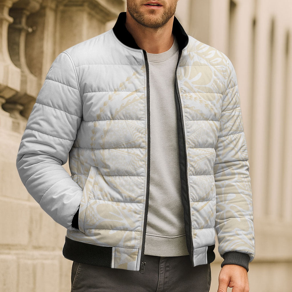 Tonga White Sunday Bomber Puffer Jacket Lotu Tamaiti Tongan Kupesi Pattern LT05 - Polynesian Pride