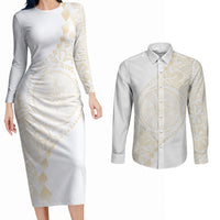 Tonga White Sunday Couples Matching Long Sleeve Bodycon Dress and Long Sleeve Button Shirt Lotu Tamaiti Tongan Kupesi Pattern LT05 Beige - Polynesian Pride