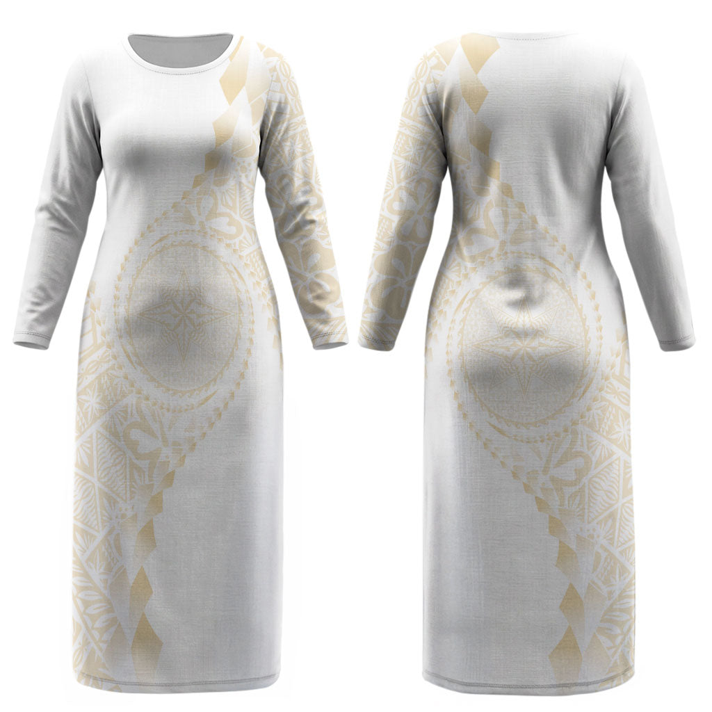 Tonga White Sunday Couples Matching Long Sleeve Bodycon Dress and Long Sleeve Button Shirt Lotu Tamaiti Tongan Kupesi Pattern LT05 - Polynesian Pride