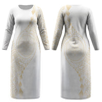Tonga White Sunday Couples Matching Long Sleeve Bodycon Dress and Long Sleeve Button Shirt Lotu Tamaiti Tongan Kupesi Pattern LT05 - Polynesian Pride