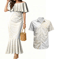 Tonga White Sunday Couples Matching Mermaid Dress and Hawaiian Shirt Lotu Tamaiti Tongan Kupesi Pattern LT05 Beige - Polynesian Pride