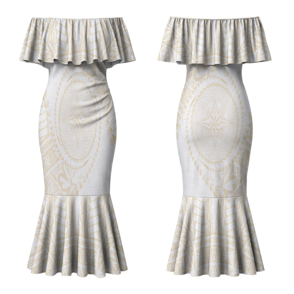 Tonga White Sunday Couples Matching Mermaid Dress and Hawaiian Shirt Lotu Tamaiti Tongan Kupesi Pattern LT05 - Polynesian Pride