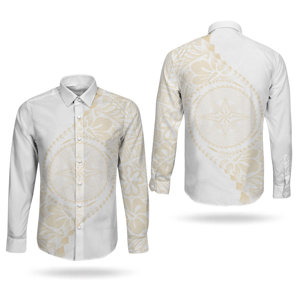 Tonga White Sunday Couples Matching Off Shoulder Maxi Dress and Long Sleeve Button Shirt Lotu Tamaiti Tongan Kupesi Pattern LT05 - Polynesian Pride