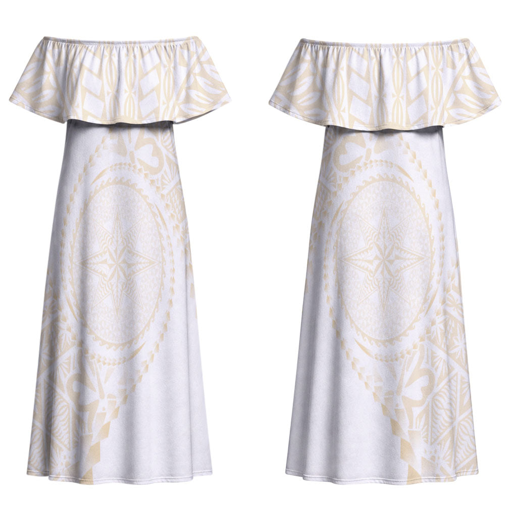 Tonga White Sunday Couples Matching Off Shoulder Maxi Dress and Long Sleeve Button Shirt Lotu Tamaiti Tongan Kupesi Pattern LT05 - Polynesian Pride
